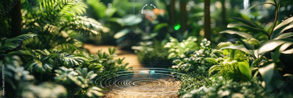 Poster the lush garden thrives with automated sprinklers and sensors, ensuring optimal growth for a variety