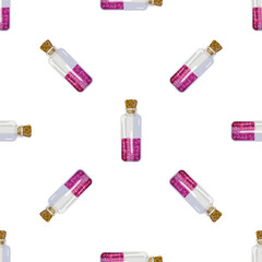 Seamless pattern with glass bottles with cork filled with a sparkling pink potion, creating a magical or alchemical theme