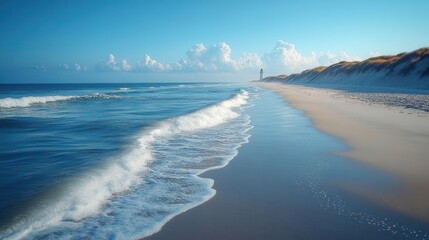 serene beach scene on the island of sylt, germany, with soft white sand, rolling waves, and a majestic lighthouse in the distance. this idyllic setting captures tranquility