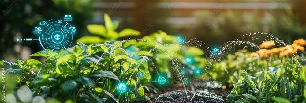 Poster lush greenery thrives in a smart garden with automated sprinklers and soil sensors, optimizing growt