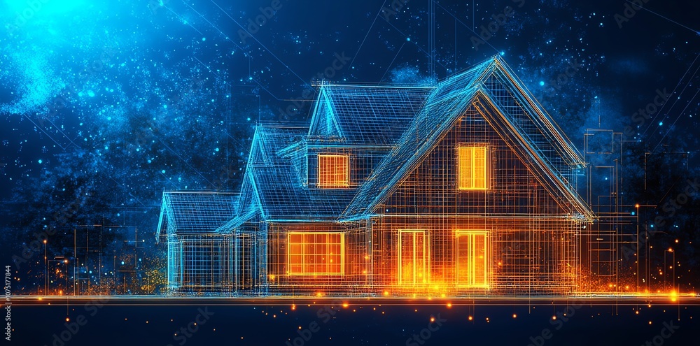 Poster A wireframe style 3d rendering of a house with a blue and orange glow against a dark background.