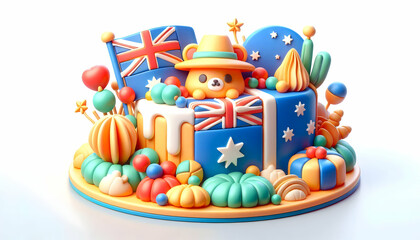 Fototapeta premium 3D Macro Close Up of Australian Themed Cake Decoration Concept Featuring Vibrant Colors Intricate Details Symbols of Celebration National Pride Ample Copy Space Isolated on White Background