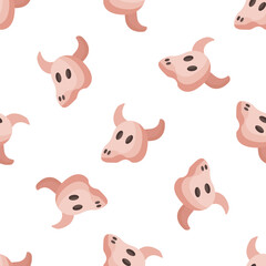 Pink cow skulls creating a seamless pattern on white background, ideal for halloween or western themed projects
