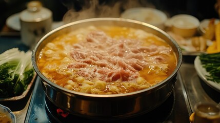 A Flavorful Hot Pot Cooking Experience with Steam Rising, Fresh Ingredients, and Sizzling Broth Perfect for Social Gatherings and Culinary Delights