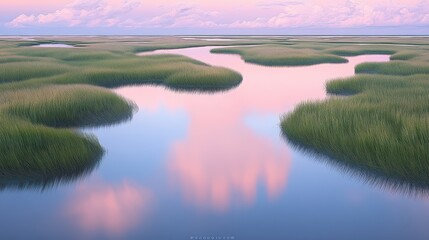 Aerial view of salt marsh grasses forming intricate patterns in tidal channels at dawn, showcasing serpentine waterways and vibrant pink reflections in medium format.