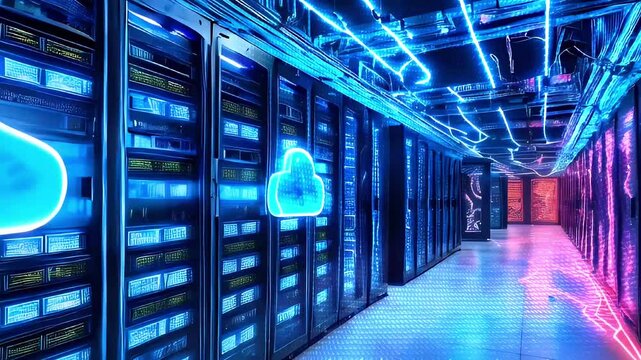 Server room with blue neon lights and glowing cloud icons.