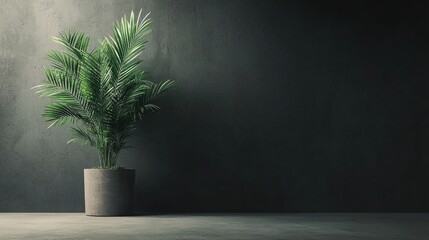 A minimalistic indoor scene featuring a lush green plant in a concrete pot against a dark textured wall.