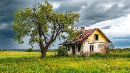Obraz premium Abandoned rural architecture beneath a stormy sky an atmospheric landscape with a tree