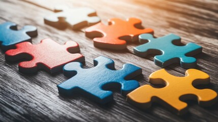 Colorful Puzzle Pieces on Wooden Surface Creating a Fun and Engaging Atmosphere for Problem Solving Activities in Educational and Recreational Settings