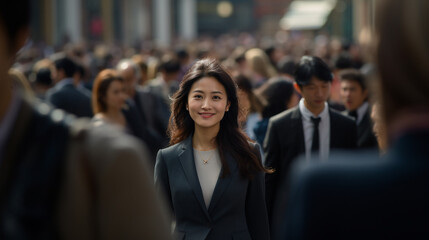 Asian Business Woman smiling with confidence in a busy crowd 