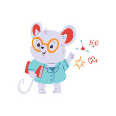 Cute scientist mouse with big glasses and a red book.