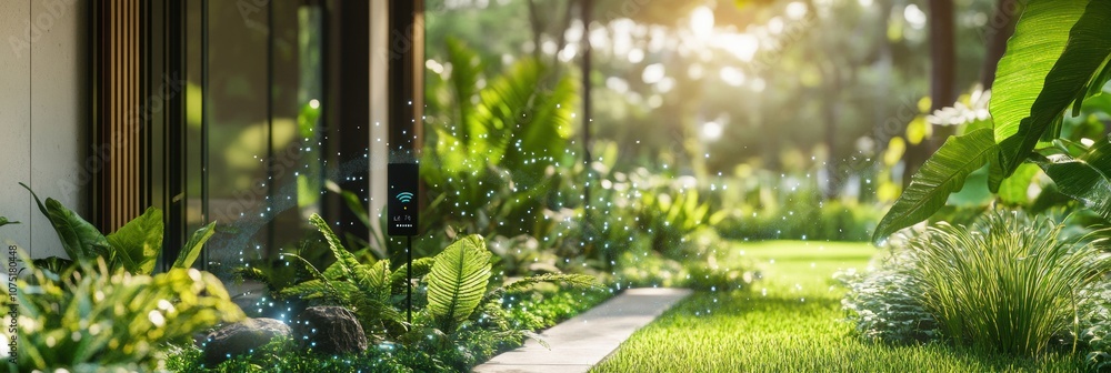 Poster lush greenery thrives in a backyard garden, featuring automated sprinklers and soil sensors enhancin