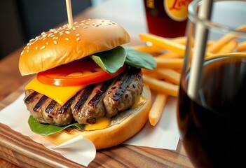 a photography of a hamburger with cheese, lettuce, and tomato on a bun.