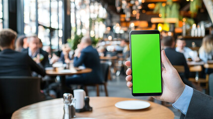 A mockup image of a business person holding a smart mobile phone with a blank green screen during a meeting or lunch in a modern cafe restaurant.