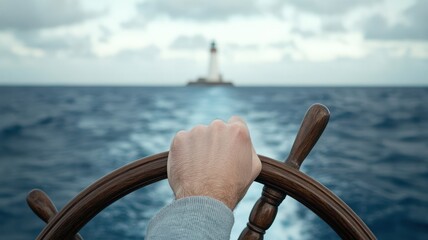 Person steering a boat towards a lighthouse on the horizon.