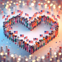 Obraz premium 3D Bokeh Digital Art People Heart Shape Flags Unity Love Nation Republic Day Ample Copy Space Top Cute Chibi Icon Isolated White Background