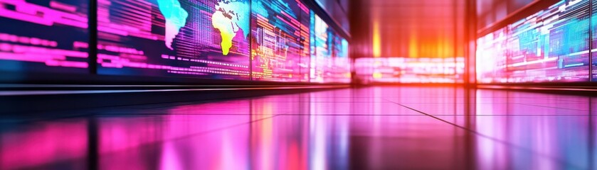 Vibrant digital screen display in a modern tech environment.