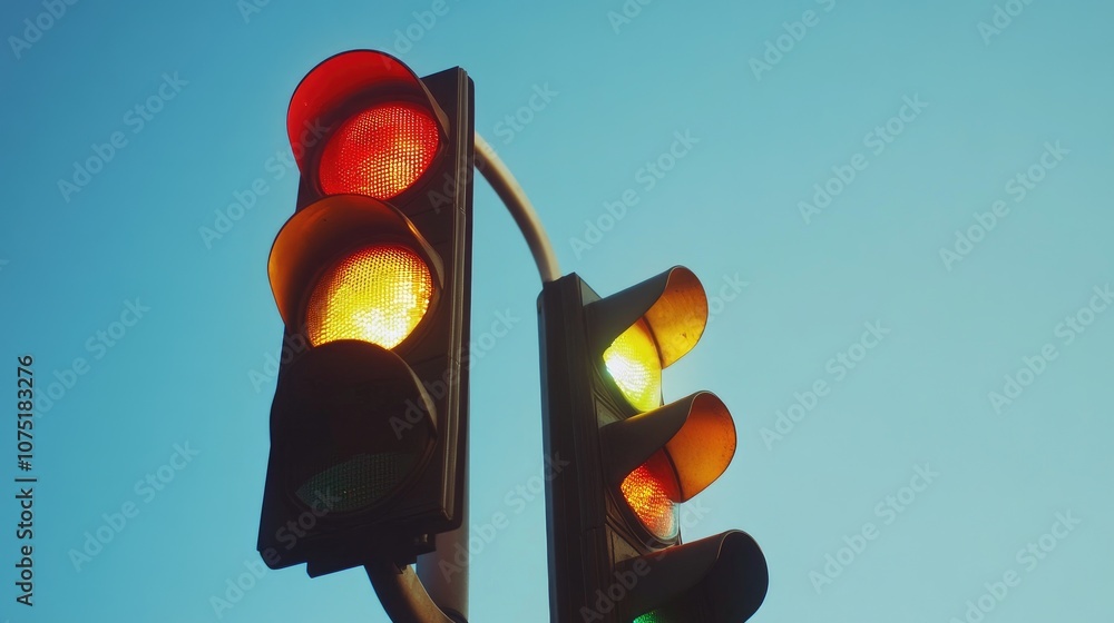 Poster traffic lights displaying red, orange, and green colors against a clear sky, illuminated and signali