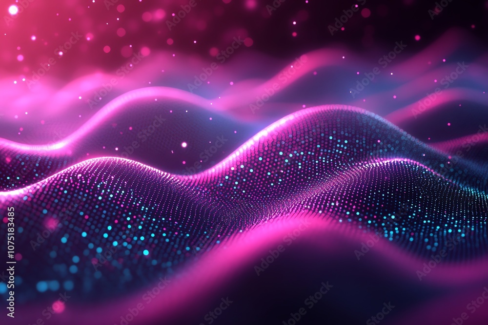 Poster abstract pink and blue wave with sparkling particles.