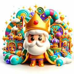 3D Reyes Magos Festive Carnival Scene Glossy Background Vibrant Elements Text Space Ideal for Carnival Themed Advertisements Magazine Covers 3D Icon Isolated White Background