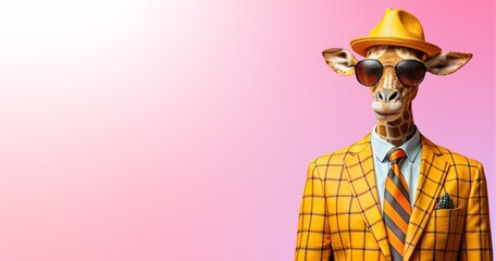 Giraffe wearing cool funky fashion dress with sunglasses posing in studio wide banner, stylish giraffe animal