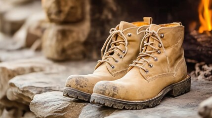 A pair of worn, tan hiking boots resting on a stone surface near a fire.