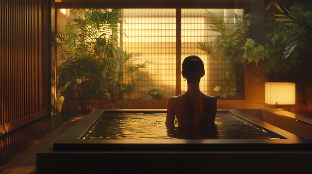 Traditional Japanese bath with a hinoki tub