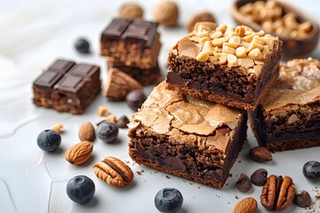 Decadent Brownies with Nuts and Berries on Marble Background for Dessert Lovers