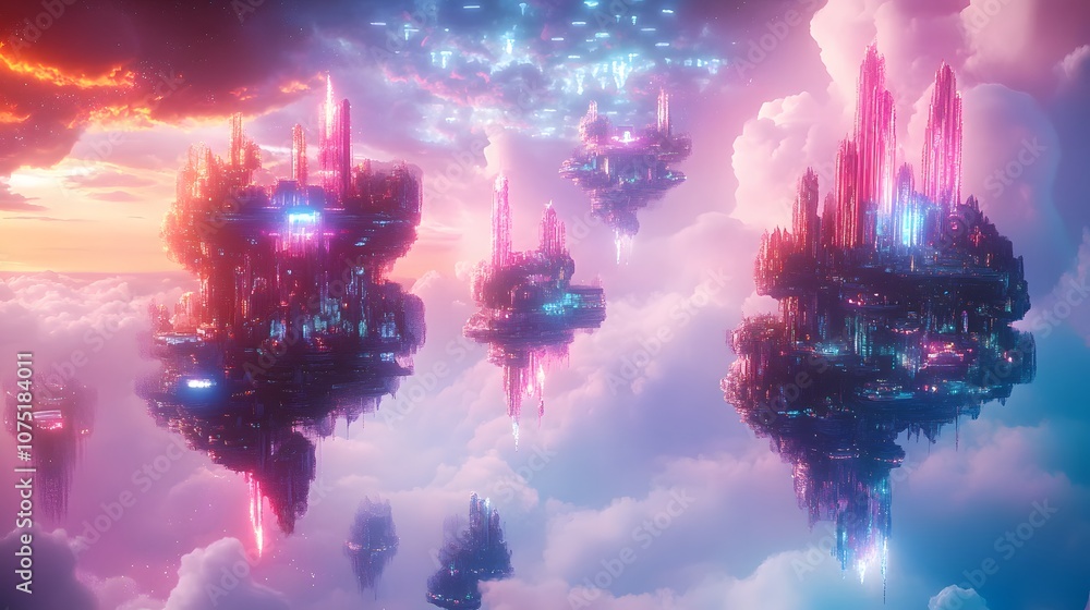 Poster A dreamlike sci-fi landscape of floating islands connected by light beams, each island adorned with abstract architecture and surrounded by swirling, colorful clouds. No text, no logo, wide angle