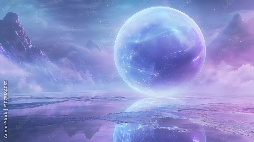 Poster a sci-fi digital art piece featuring a large, luminous sphere hovering over an open landscape with m
