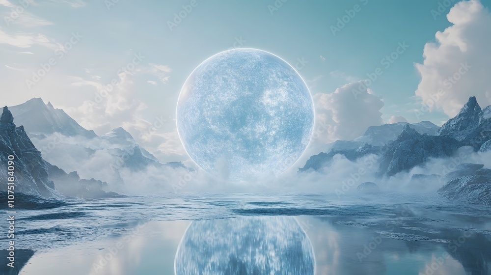 Poster A sci-fi digital art piece featuring a large, luminous sphere hovering over an open landscape with mirrored ground, surrounded by a swirling fog of holographic particles. No text, no logo, wide angle