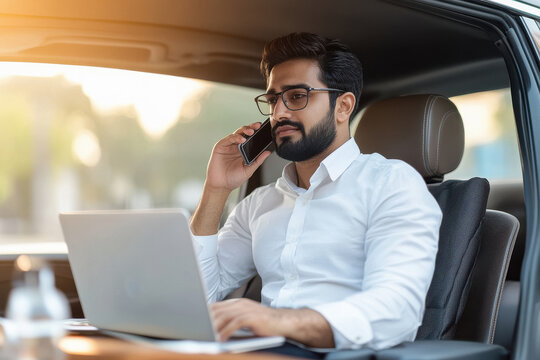 Young indian businessman sits talking on the phone and working with a laptop in the car.