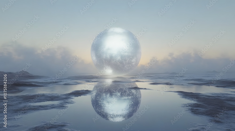 Aufkleber a sci-fi digital art piece featuring a large, luminous sphere hovering over an open landscape with m