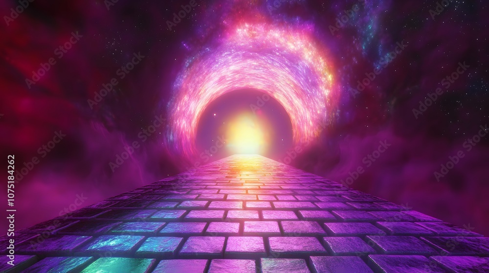Poster a surreal, floating pathway of neon tiles in a void, leading toward an enormous glowing portal at th