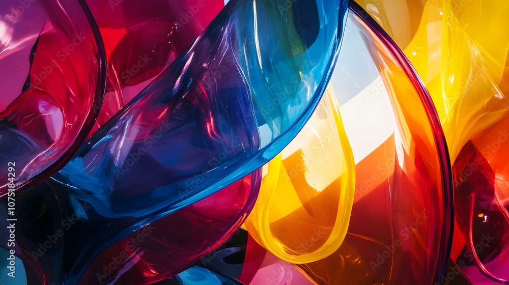 Poster an abstract composition of interlocking, transparent shapes with electric colors, casting reflection