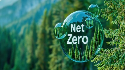A transparent bubble with "Net Zero" text floats among lush green trees, symbolizing environmental sustainability and climate goals.