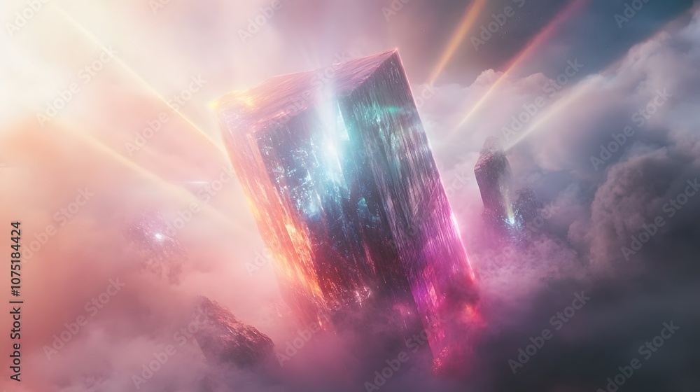 Poster A sci-fi scene of a mysterious, floating structure resembling a massive, glowing crystal surrounded by swirling fog, with beams of colored light radiating outward. No text, no logo, wide angle shot,