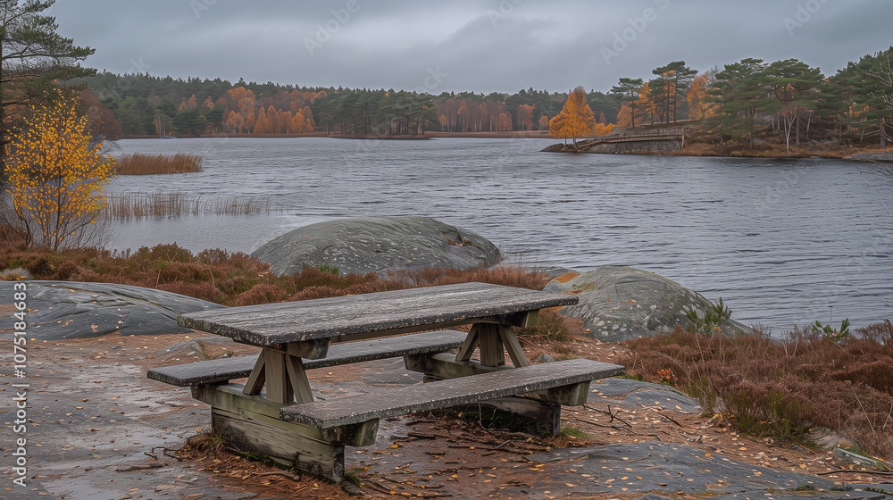 Poster rustic picnic bench by a tranquil autumn lake..