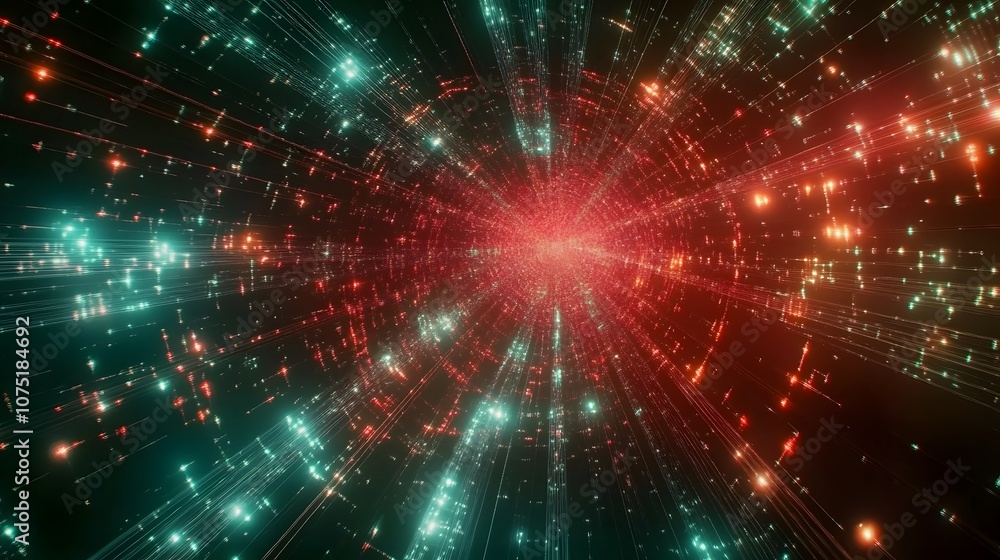 Aufkleber An abstract network of glowing lines and nodes forming a geometric pattern in a digital space, with colors blending smoothly to create a futuristic, interconnected grid. No text, no logo, wide angle