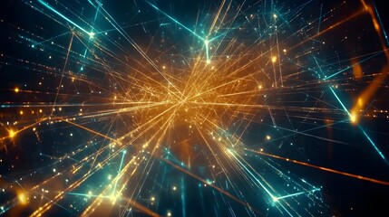 Fototapeta premium An abstract network of glowing lines and nodes forming a geometric pattern in a digital space, with colors blending smoothly to create a futuristic, interconnected grid. No text, no logo, wide angle