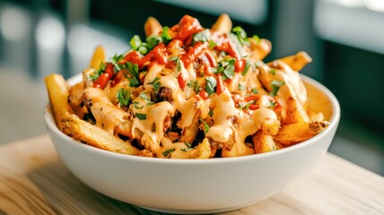A bowl of loaded French fries topped with cheese, diced tomatoes, and green onions, served on a wooden surface.