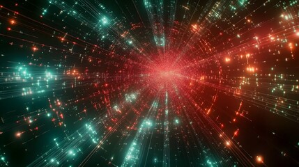Fototapeta premium An abstract network of glowing lines and nodes forming a geometric pattern in a digital space, with colors blending smoothly to create a futuristic, interconnected grid. No text, no logo, wide angle