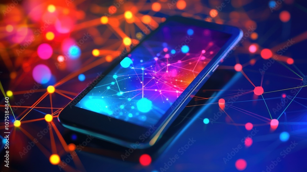 Poster vibrant smartphone display with colorful network connections in a dark background, showcasing a mode