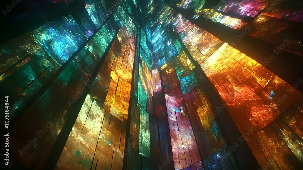 Poster a futuristic space of layered holographic panels, each glowing in vibrant colors and patterns, creat