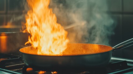 A fiery cooking scene featuring a pan on a stove, fire flames and steam, highlighting the excitement of culinary techniques.