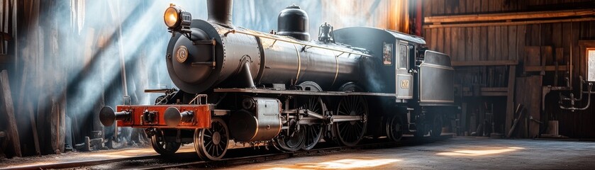 Naklejka premium Vintage steam locomotive resting in a sunlit barn interior.