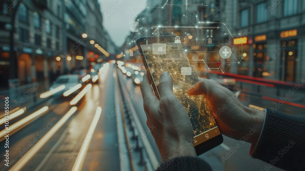Poster futuristic smartphone interface in a fast-paced urban setting..