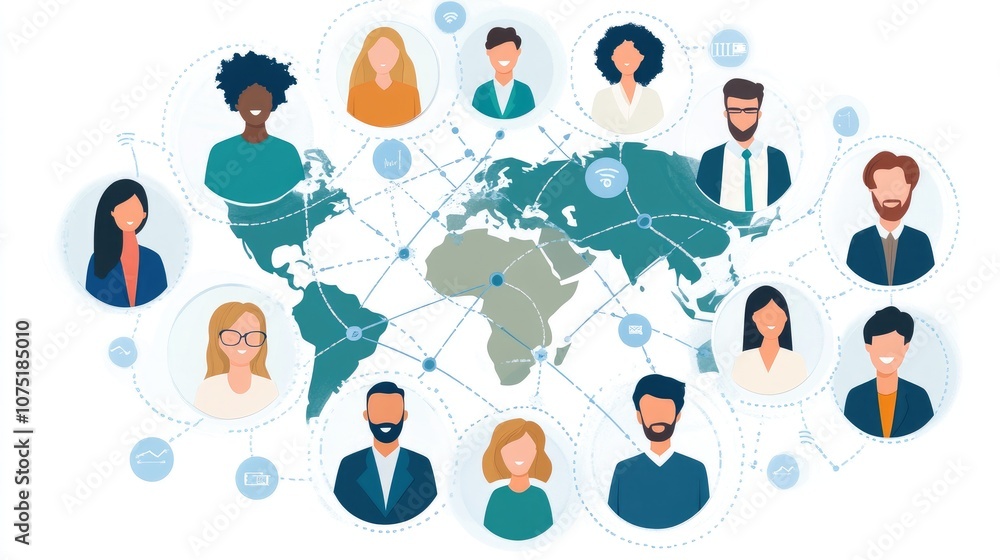 Poster diverse group of people connecting globally with a world map depicting communication and collaborati