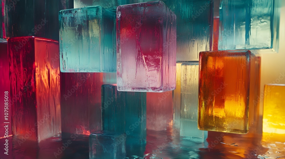 Poster An abstract composition of glassy, floating cubes layered in a digital void with soft, colorful reflections, creating a dreamy, futuristic space. No text, no logo, wide angle shot, 4k resolution,