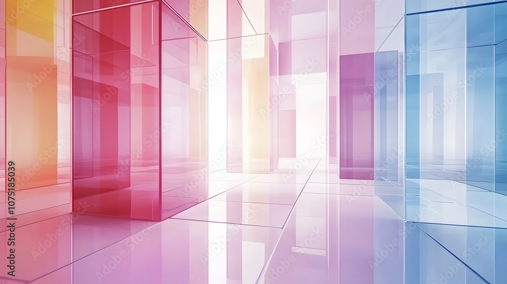 Aufkleber an abstract composition of glassy, floating cubes layered in a digital void with soft, colorful refl